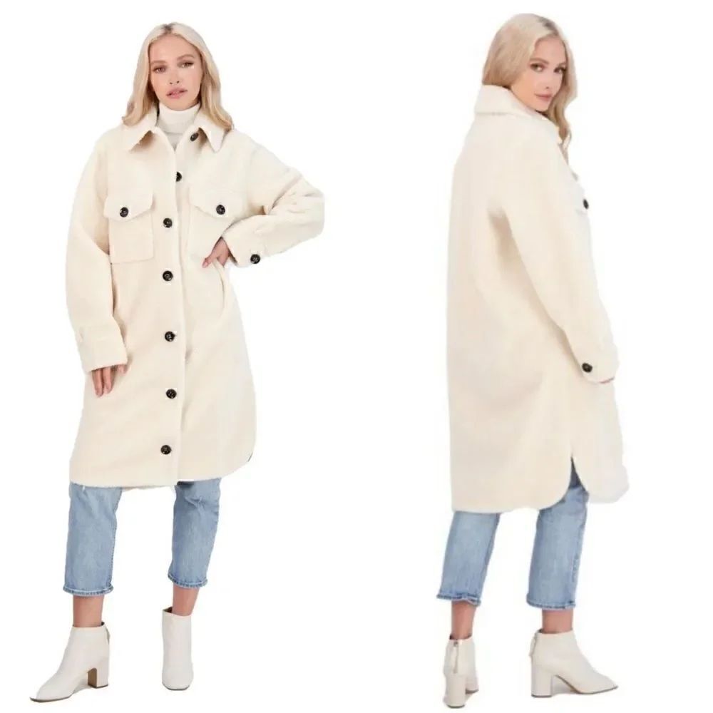 Rebecca Minkoff Harper Sherpa Teddy Wool Shacket Coat in Ecru | SZ XS